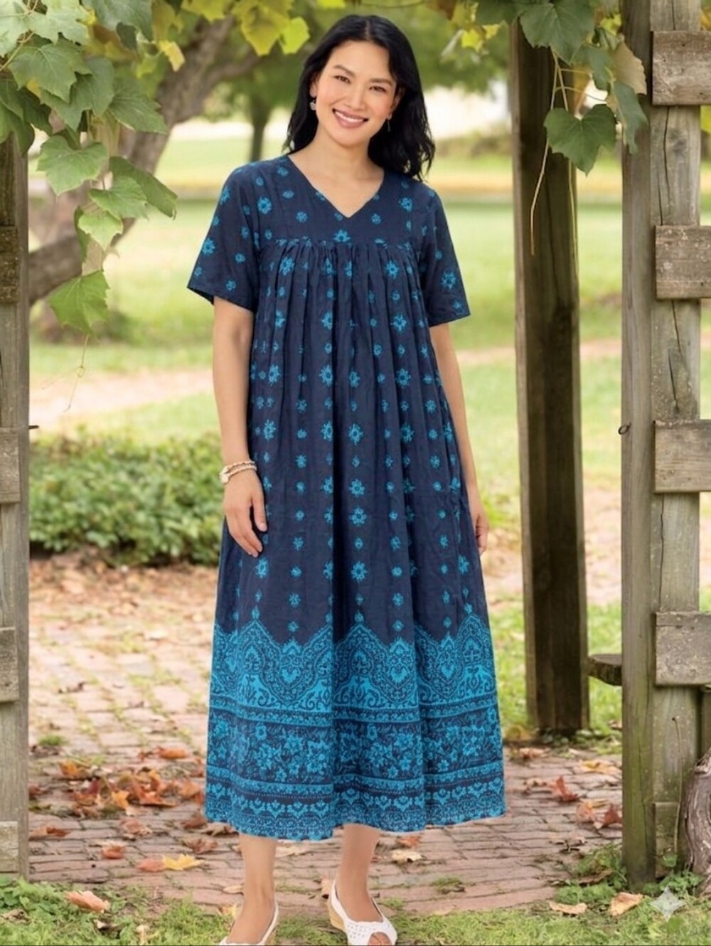 Blue Floral Maxi Dress with V-Neck